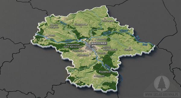Mapa województwa mazowieckiego — zasięg dostaw drewna konstrukcyjnego: Warszawa, Płock, Ciechanów, Wołomin, Pruszków, Piaseczno, Mińsk Mazowiecki, Otwock, Siedlce
