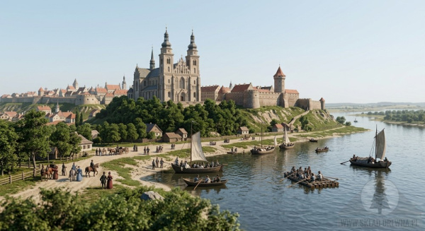 Panorama Płocka nad Wisłą z katedrą i zamkiem — historyczne miasto z nadrzecznym charakterem, idealne dla domów z drewnianymi tarasami i deskami tarasowymi z widokiem na rzekę